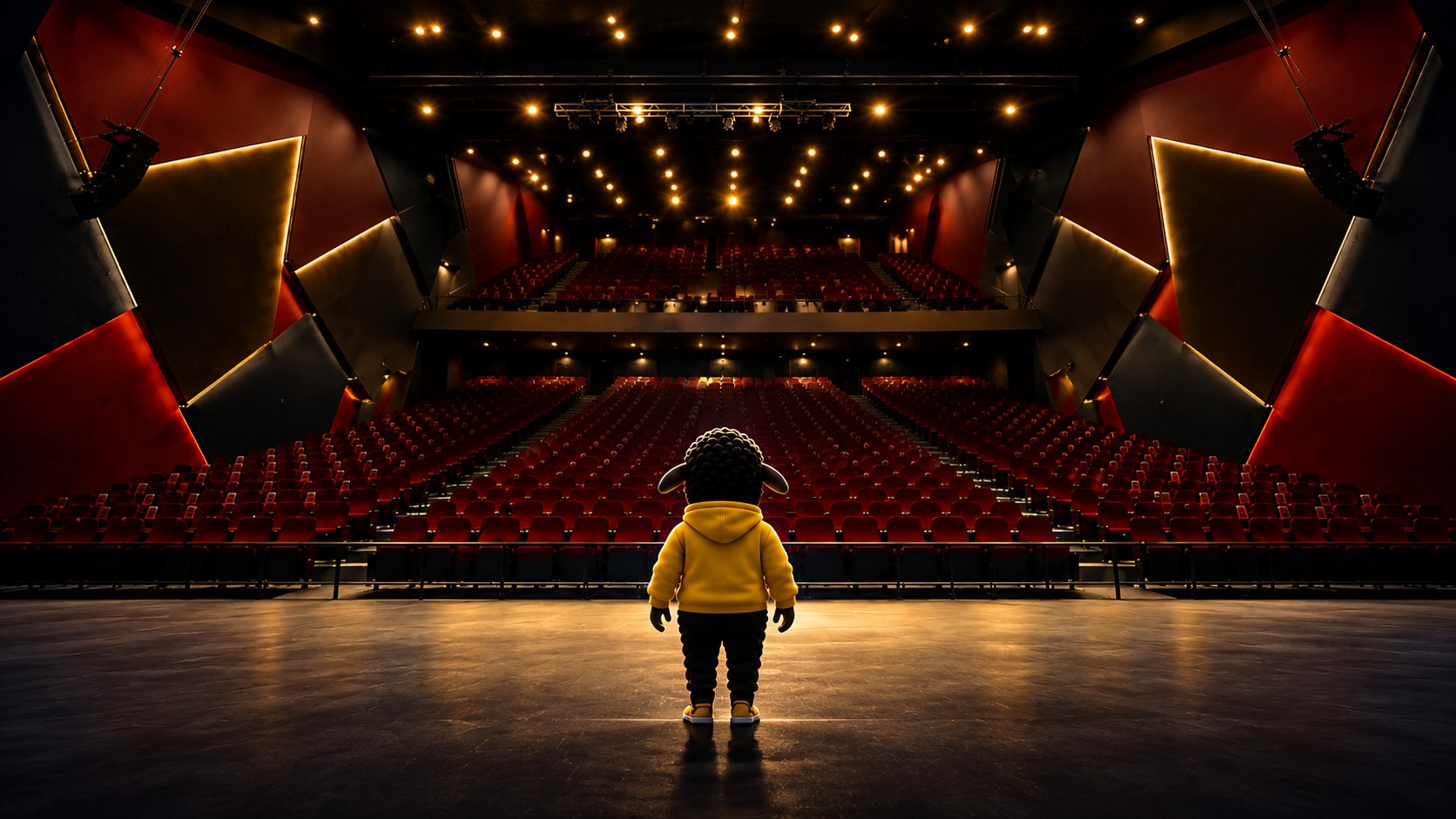 El escenario del Auditorio Domenico Zipoli visto desde el frente, con la mascota de DISRUPTORS de espaldas ante las butacas vacías