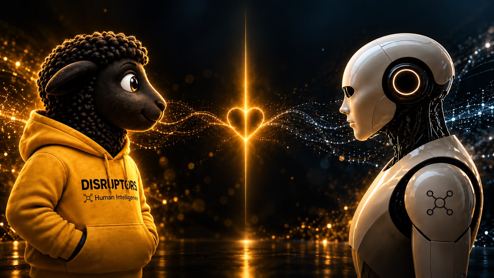 La mascota de DISRUPTORS frente a una inteligencia artificial, unidas por un corazón de luz