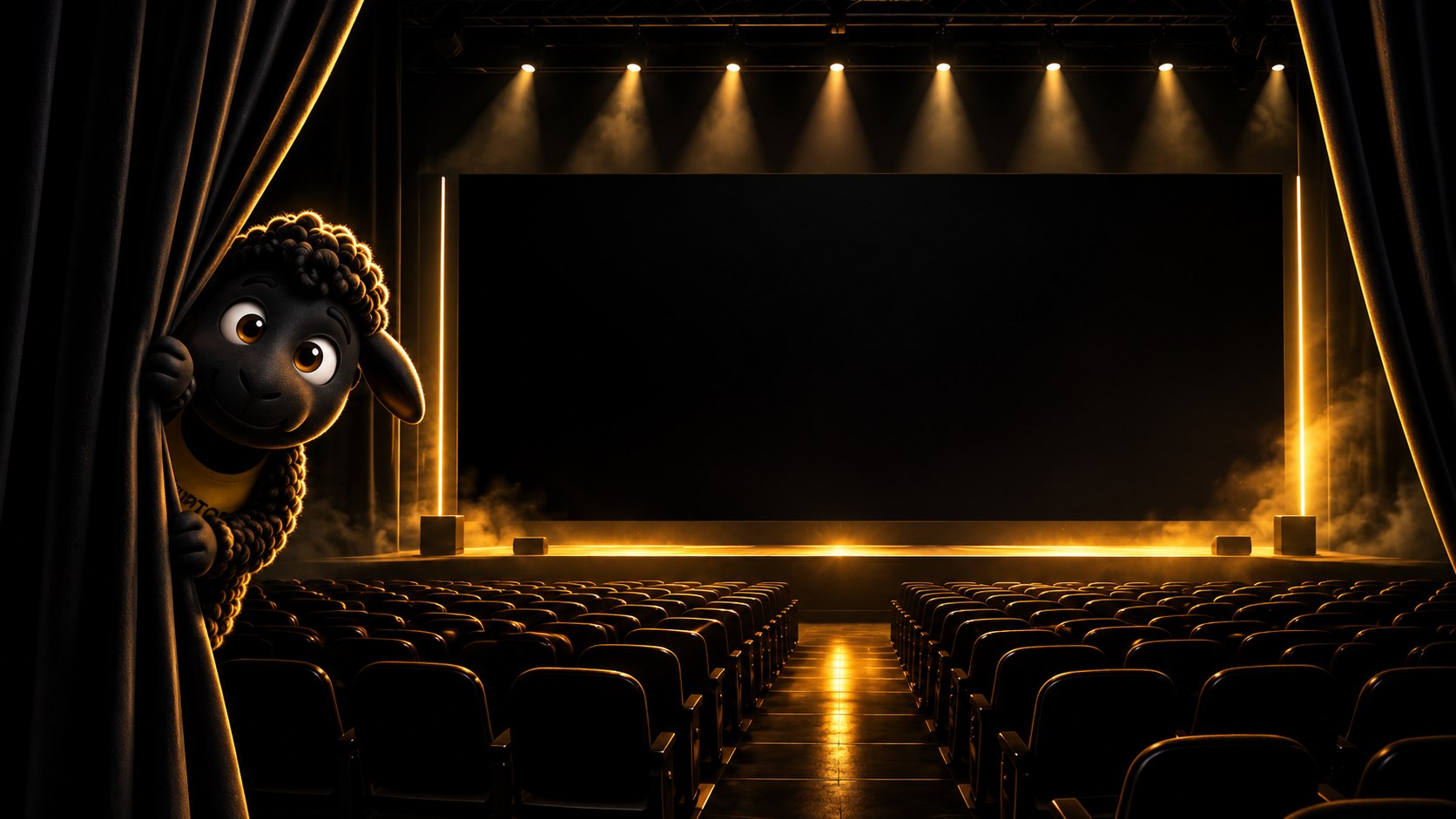 La mascota de DISRUPTORS asomándose por el telón de un teatro